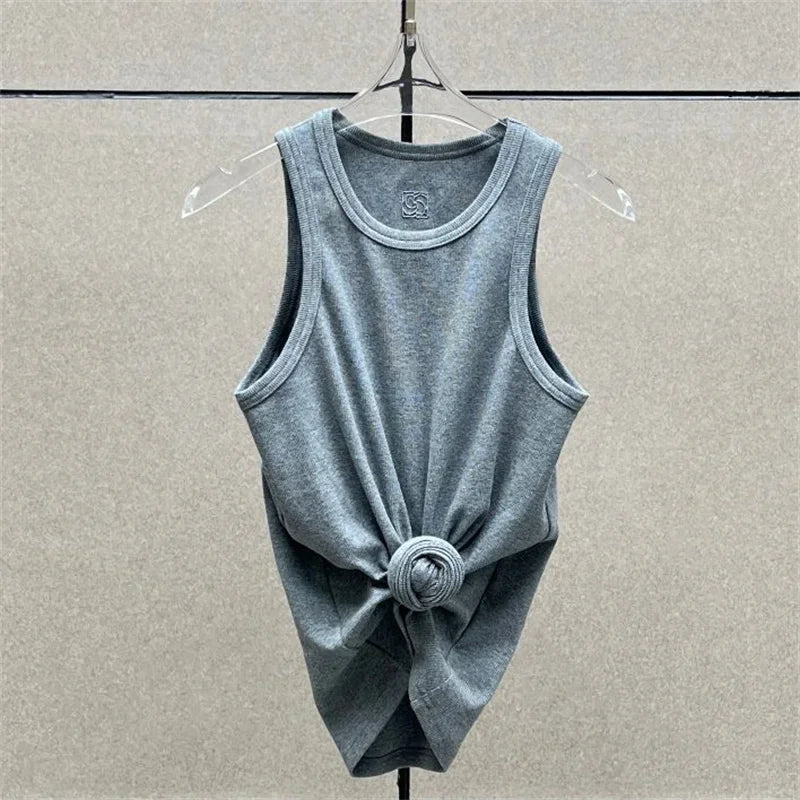 Women t-shirts New twisted flower knotted sleeveless top for summer 2026 Elastic slim pure cotton women's vest corset crop top