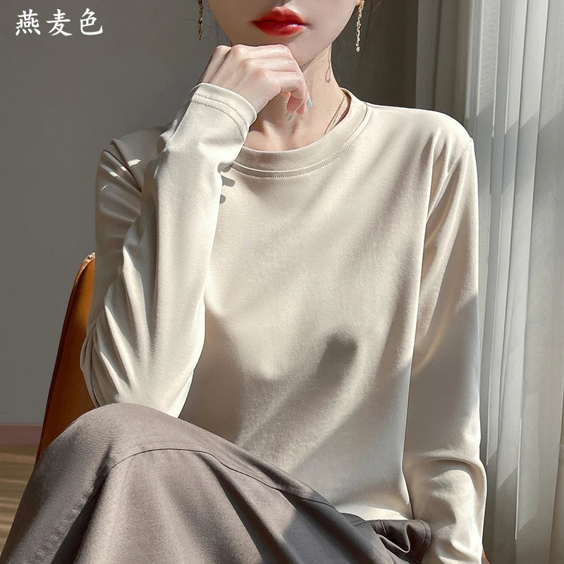 Spring And Summer New Mercerized Cotton Long Sleeve T-shirt Women's Round Neck Loose 100% Cotton Bottoming T-shirt