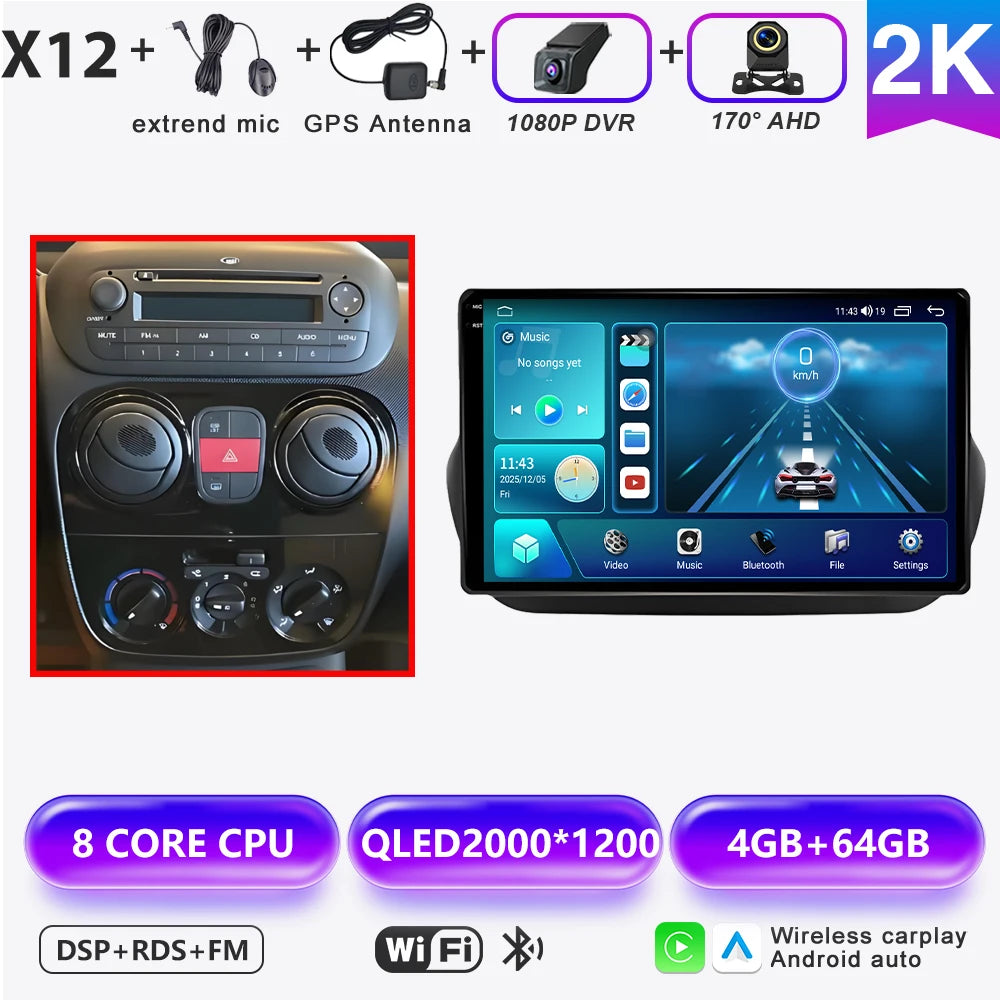 Car Stereo with Apple CarPlay & Android Auto, Compatible with Fiat Fiorino & Qubo, Citroen Nemo & Peugeot Bipper