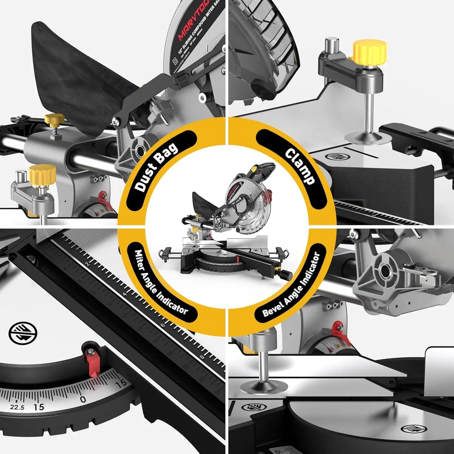 10/12 Inch Sliding Compound Miter Saw – 15 Amp, 5000RPM, 0-45° Dual-Bevel Precision Cutting Power Saw