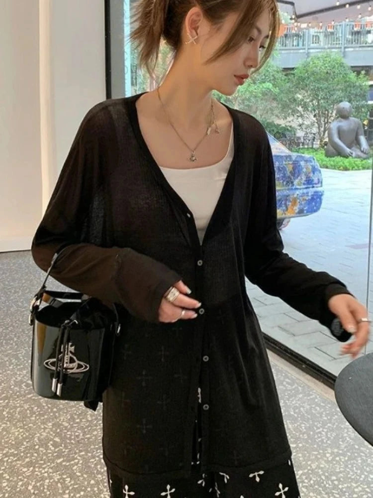 Women's Lightweight V-Neck Cardigan Coat - Loose Knit Jacket - photo 2