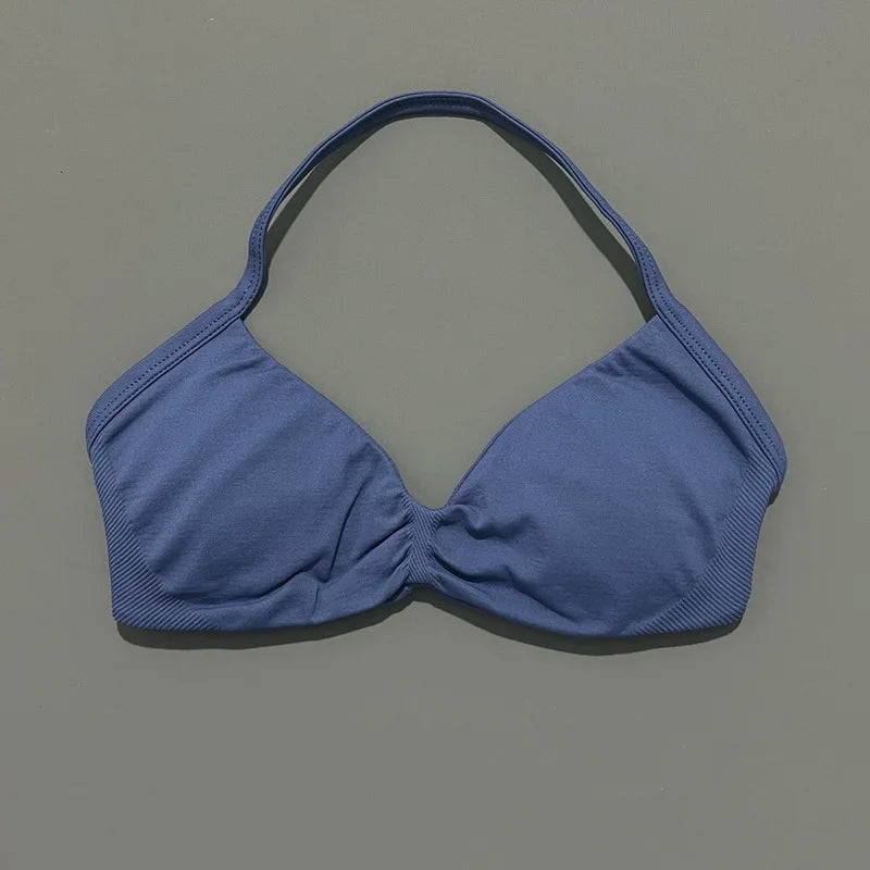 HISTELLO Df Solid Color Impact Strappy Bra Women Seamless Yoga Underwear Fitness Workout Halter Top Running Gym Sports Bra