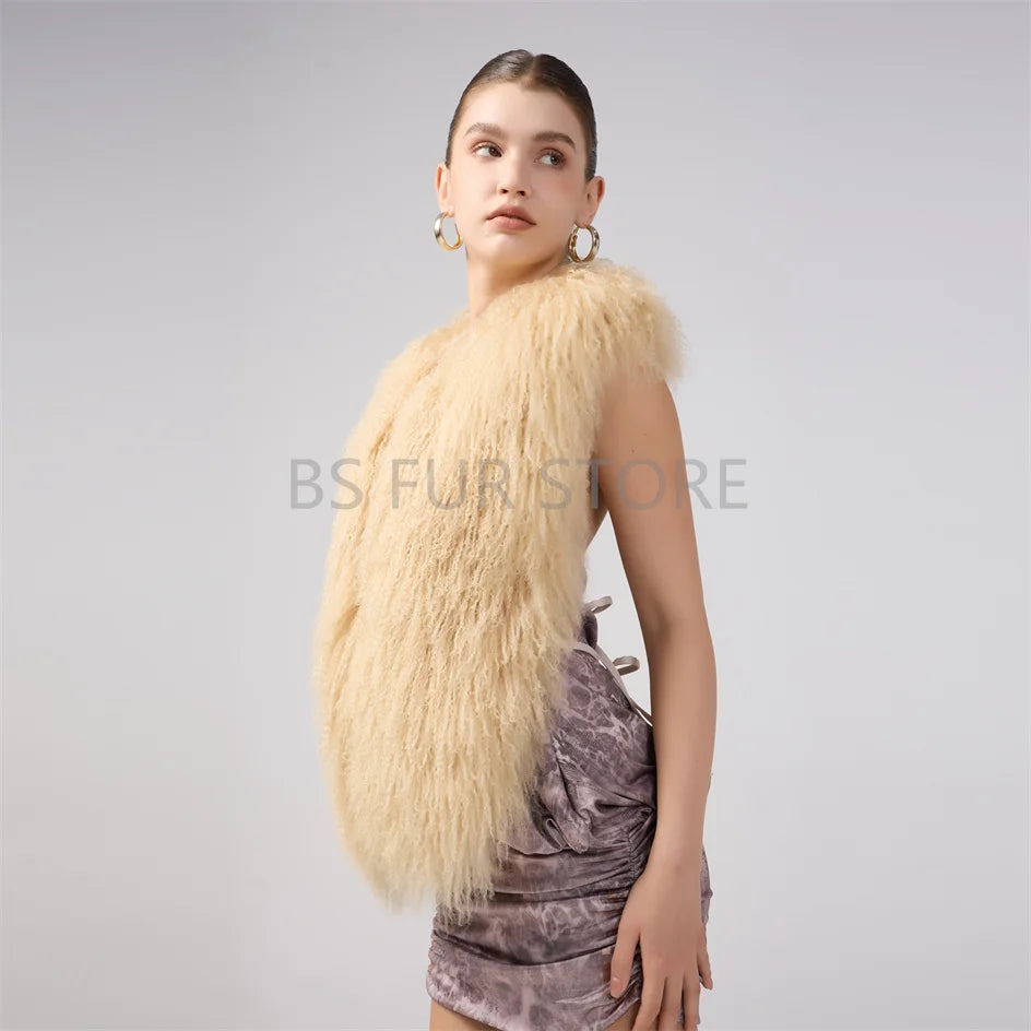 Fluffy Luxury  Real Mongolian Fur Halter Vests Women Solid Deep V-Neck Backless Bandage Sleeveless Jackets Top Outerwear Coat