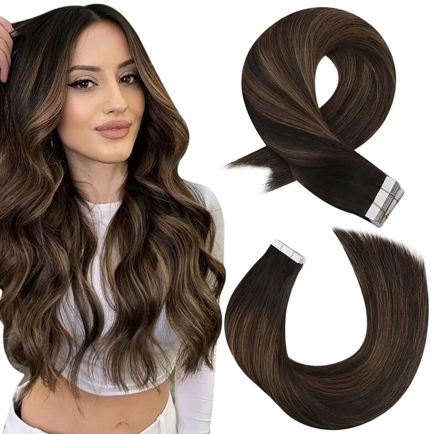 Moresoo Tape in Human Hair Extensions Balayage Blonde Hair Remy Hair Natural Soft Skin Weft Straight Seamless Hair Tape in Hair