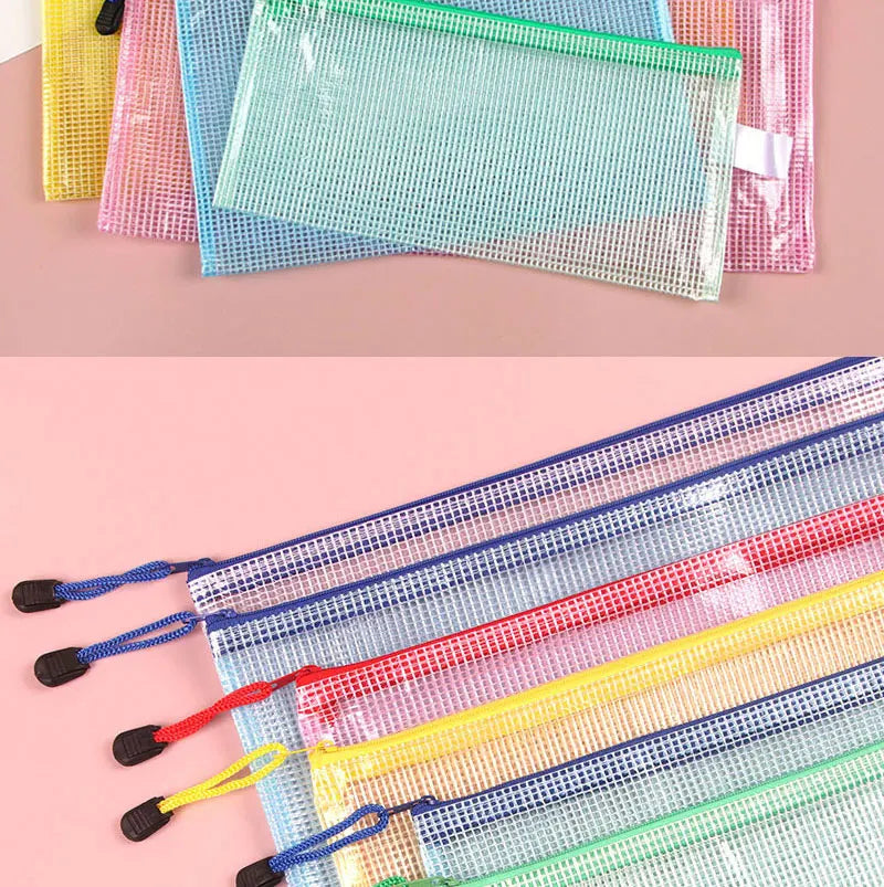 10PCS Stationery Storage Folder File Mesh Zipper Pouch Document Bag Office and Educational Supplies Storage Students Stationery