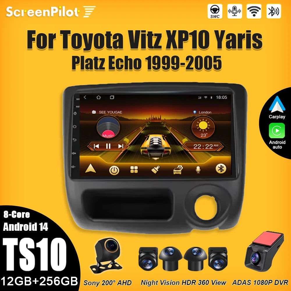 8-Core Android Car Stereo for Toyota Vitz XP10, Yaris, Platz & Echo (1999–2005) — CarPlay, RDS, Touchscreen