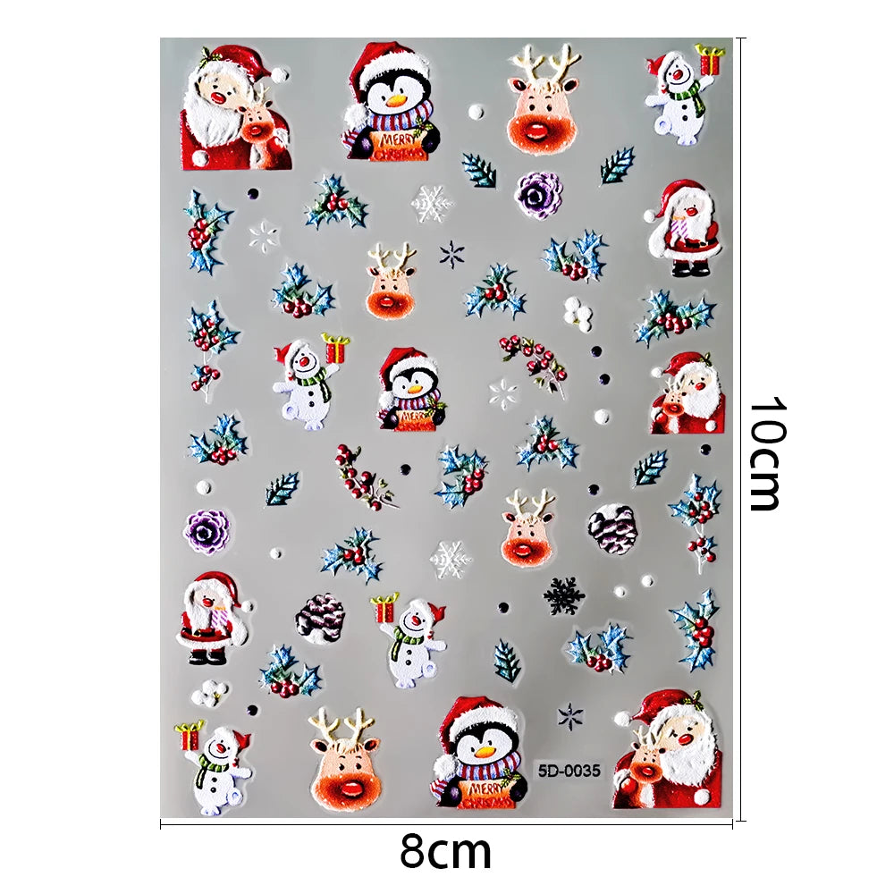 1pcs 5D Embossed Snowflakes/Snowman/Santa Claus/Reindeer Nail Art Stickers Self-Adhesive Cute Christmas Nail Art Decals 8*10CM
