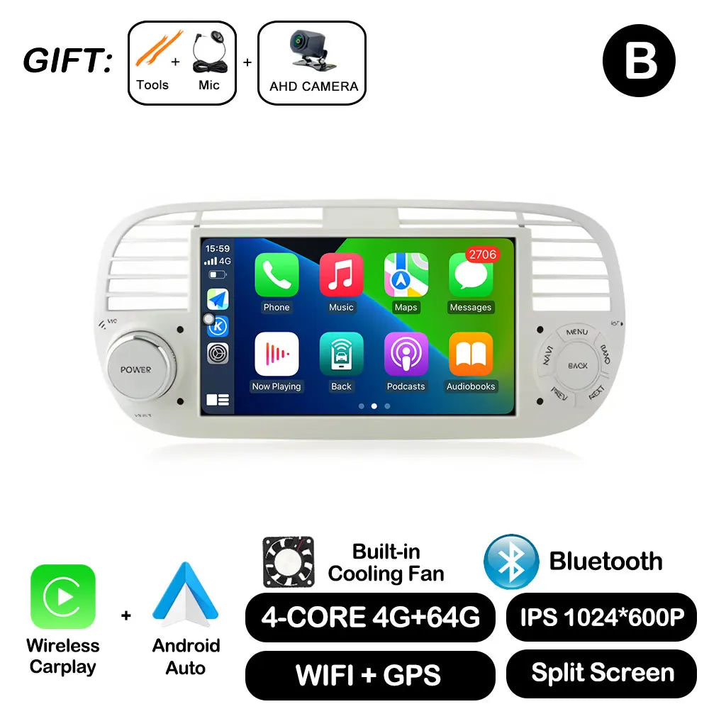 7" Car Stereo with Apple CarPlay & Android Auto, Compatible with Fiat 500 (2007-2015)