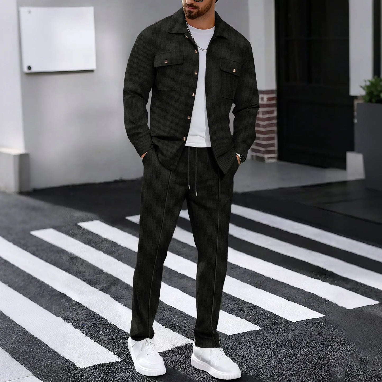 Men's casual two-piece waffle texture suit (including button-down top and elastic waist pants) - fashionable street casual sport