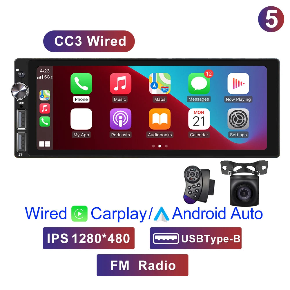 6.9" 1 DIN Universal Car Stereo with Apple CarPlay & Android Auto (MP5)