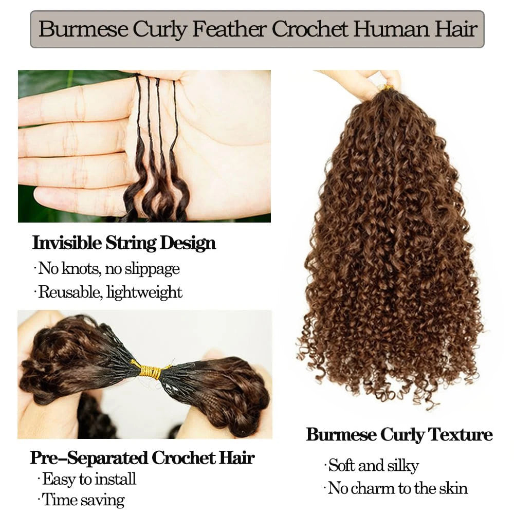 Burmese Curly Brown Crochet Human Hair Lightweight Knotless Feather Extensions Pre Separated Full Invisiable Knot With String