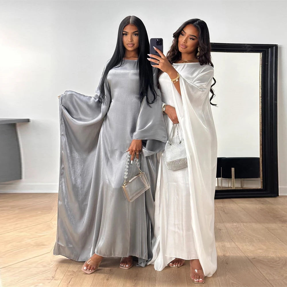 Shimmer Batwing Satin Abaya – Luxury Muslim Kaftan Dress for Eid & Ramadan