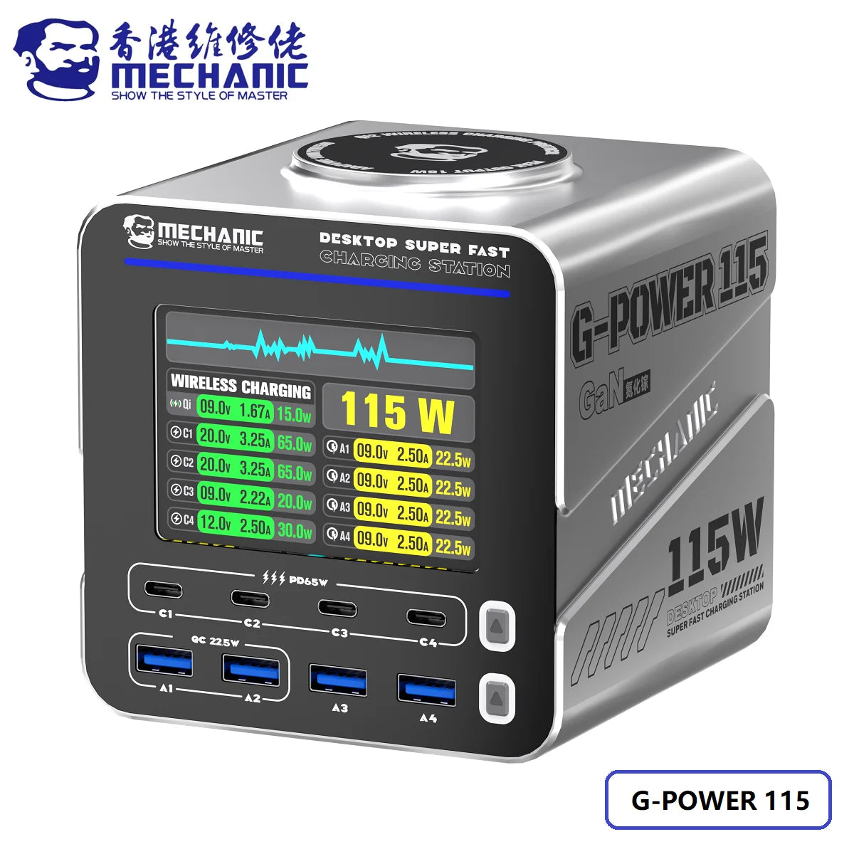 MECHANIC G-POWER Series 115W/160W Desktop Super Fast Charging Station Type-C USB Port 15W PD QC3.0 GaN Wireless Charging Support
