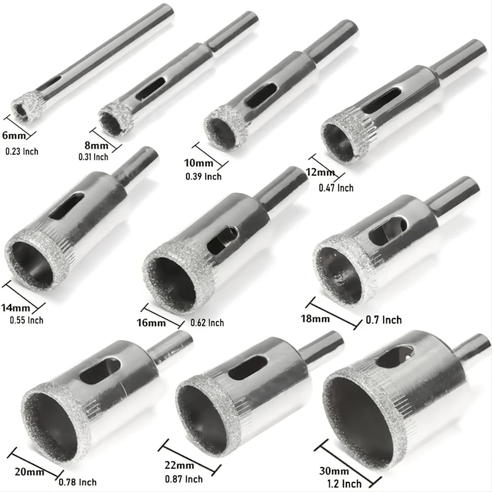 10 Pc Diamond Hole Saw Set 6-30mm for Glass, Tile & Marble