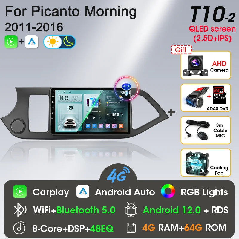 2-DIN Android Car Stereo for Kia Picanto / Morning (2011–2016) — CarPlay, Android Auto, GPS Navigation