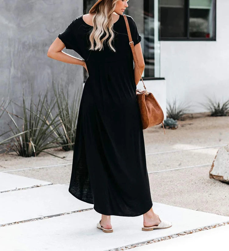 Women's Short Sleeve V-Neck Tie Dye Maxi Dress, Gradient Color Casual Loose Dress with Pockets & Side Slit, Perfect for Beach