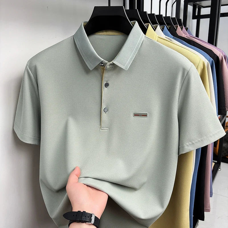 Men's Waffle Mesh Polo Tee - Lightweight Lapel, Elastic Comfort