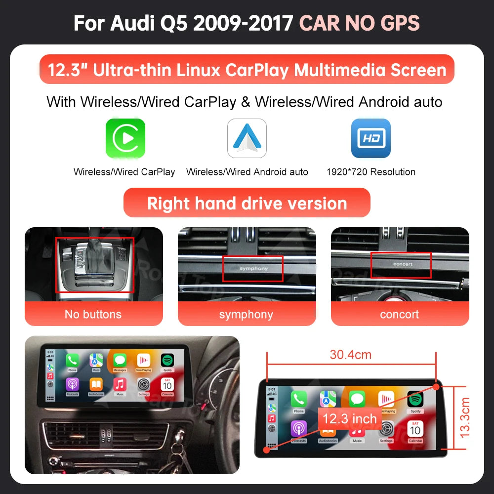 Wireless CarPlay & Android Auto Display Screen, Compatible with Audi Q5 (2009-2017)