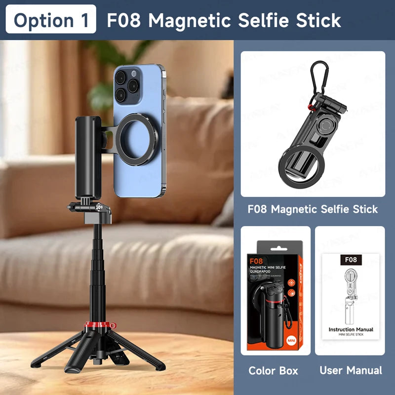 Mini Magnetic Selfie Stick Tripod Removable Remote Control Quadrapod Holder 360° Rotation for iPhone 16 15 14 13 12 Vlog Live