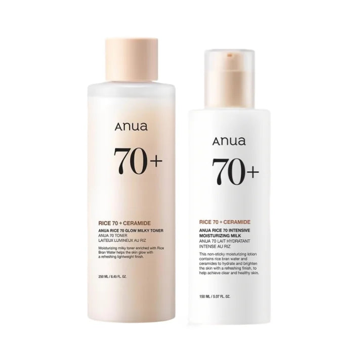Korean Skincare Set ANUA Rice 70 Glow Milky Toner,Intensive Moisturizing Milk Lotion,Hydrating&Nourishing,Barrier Care 2pcs Sets