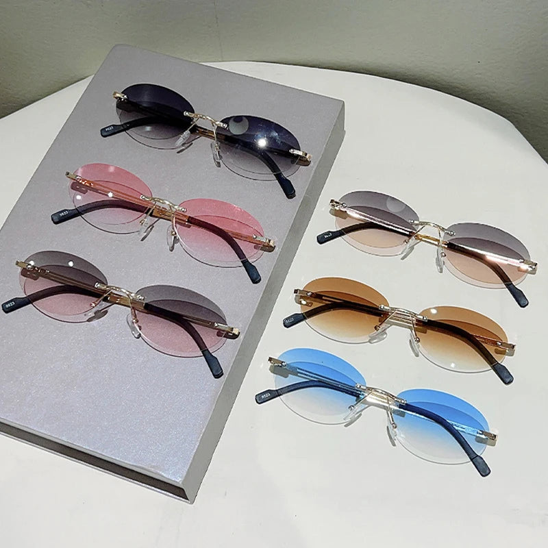 Rimless Oval Sunglasses for Women — Gold Metal, Gradient Lens