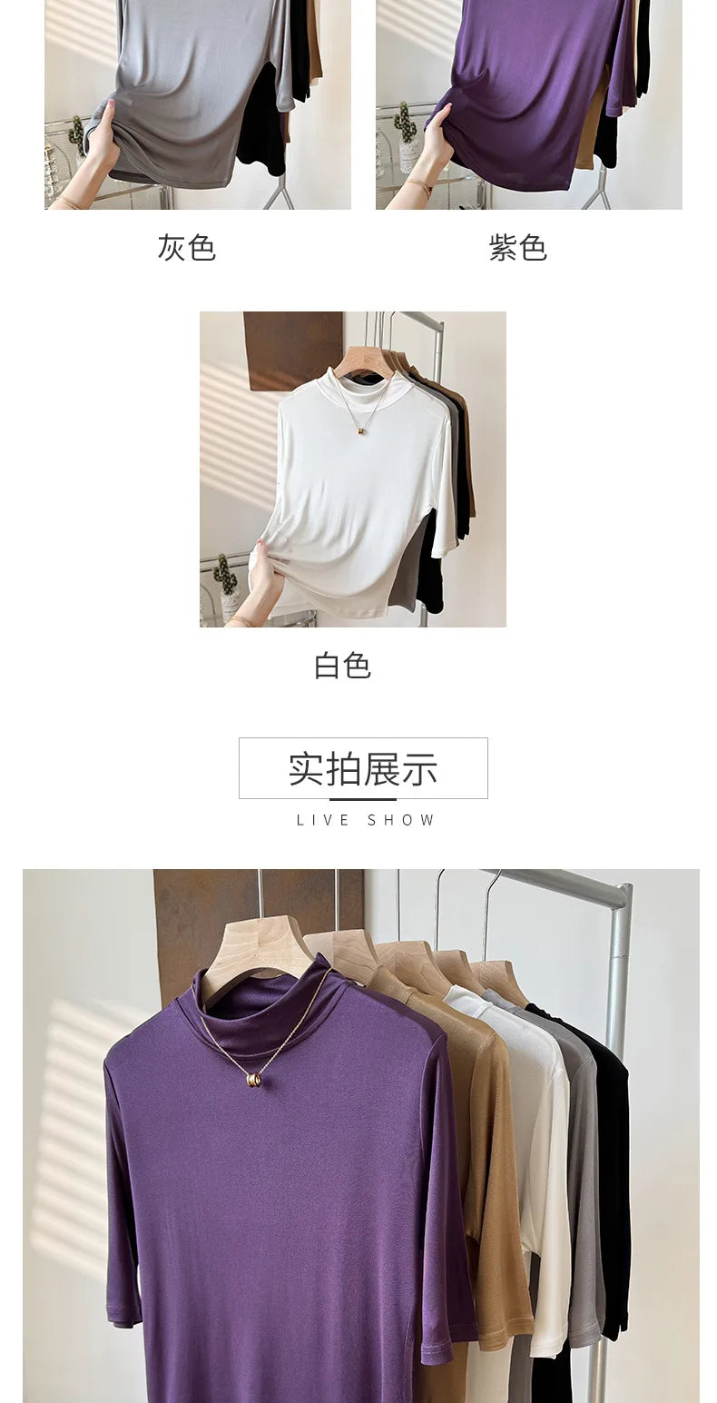 Yuyue's 100% Mulberry Silk Basic Women's T-shirt Solid Color Large Size Half Crew Neck Mulberry Silk Top Mid-sleeve Base Shirt