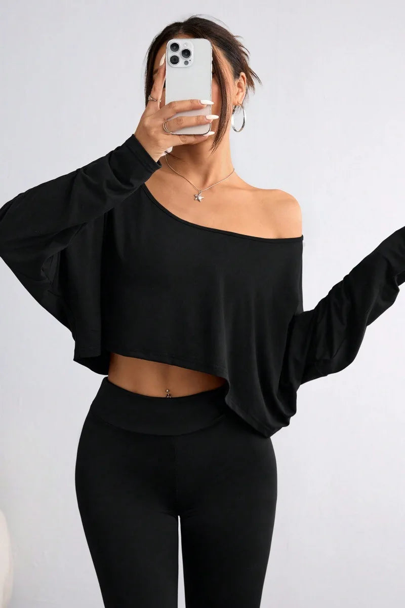 Spring 2026 Women's Loose Collar Base Fashion Crop T-Shirt Long Sleeve Casual Comfortable Line Neckline Solid Short Top