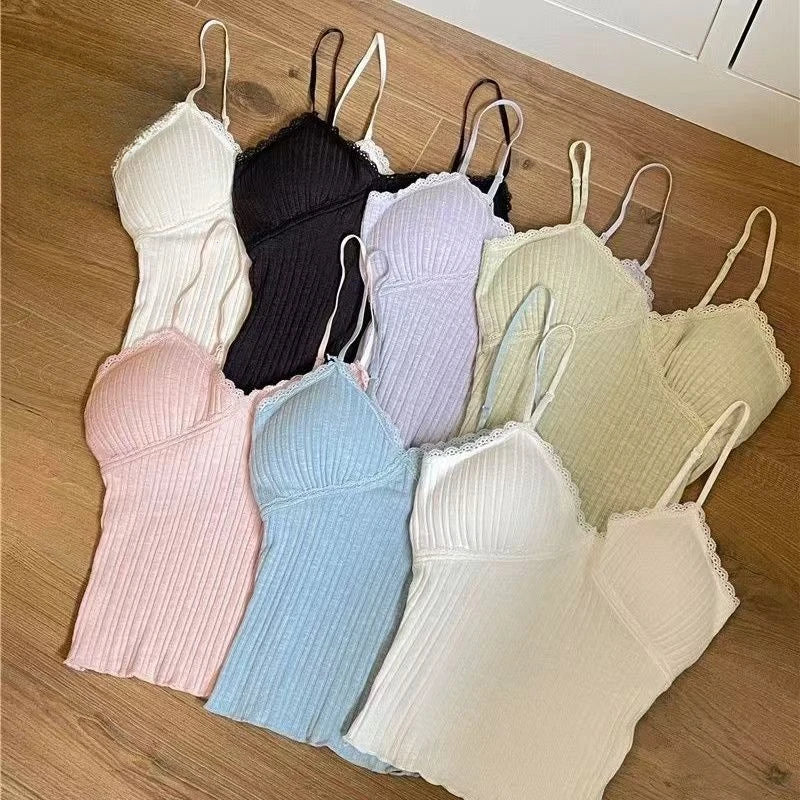 Korean Lace Deep-V Tank Top — Women's Padded Crop Camisole