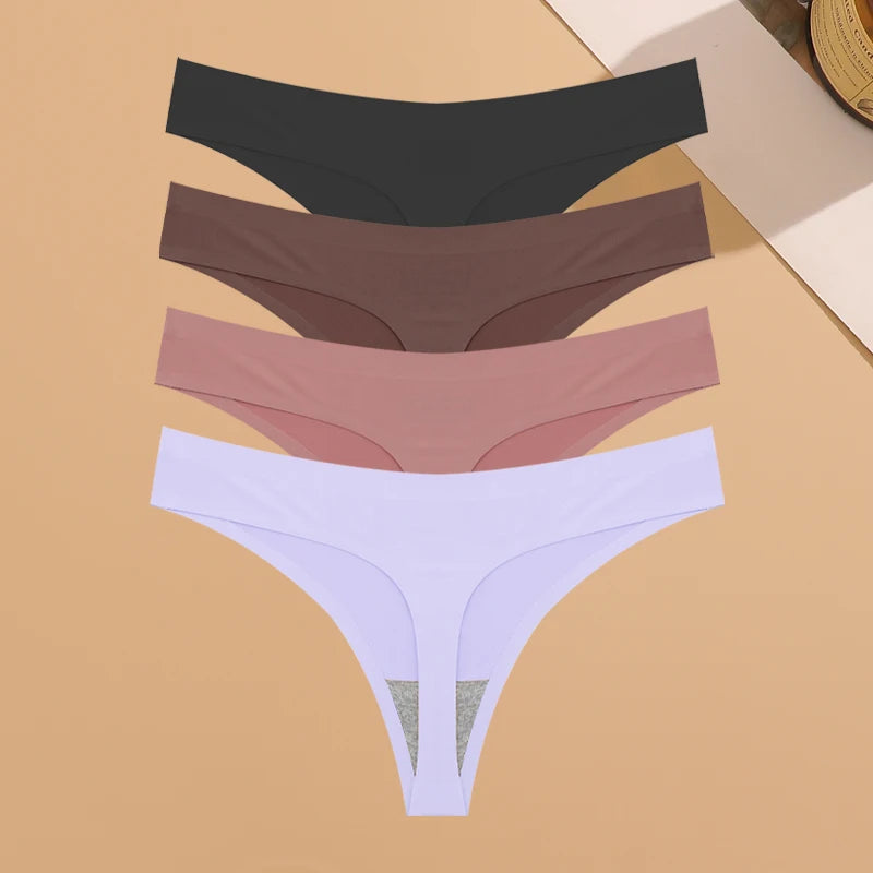 4PCS Ultra-thin Seamless Underwear Women's Invisible Panties Sexy Ice Silk Thongs Low Waist Breathable Bikini Stretchy Lingerie