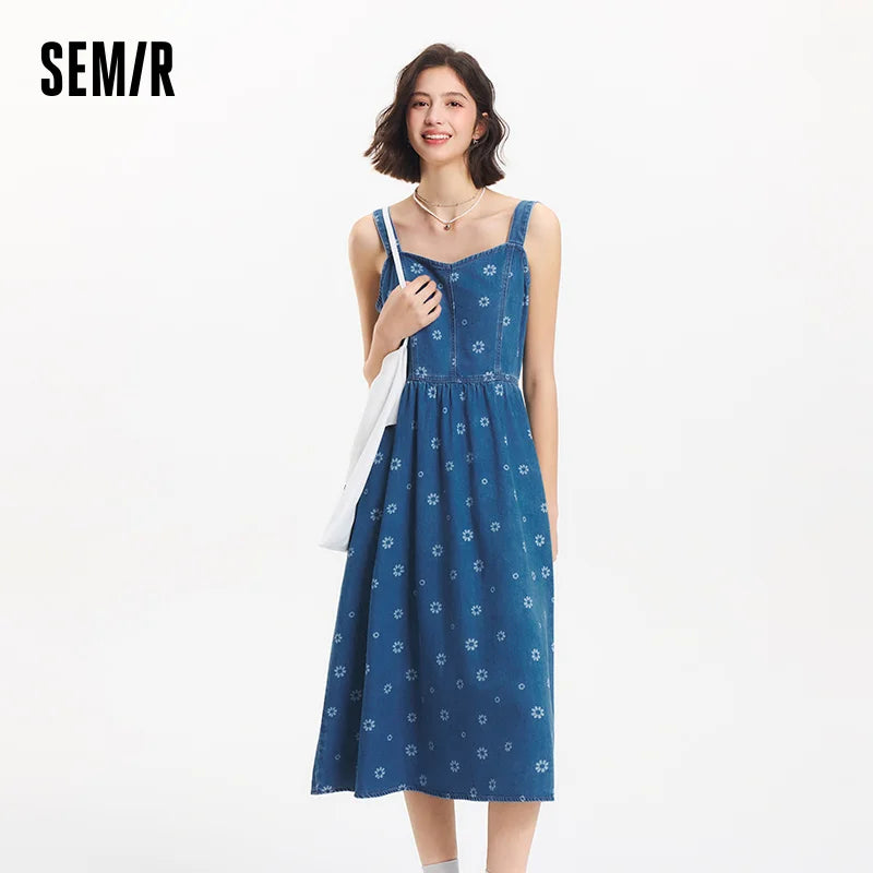 Semir Denim Jumper Dress Women Sweet Cool Trendy 2025 Summer New All Over Print Cotton Pinafore Playful Style