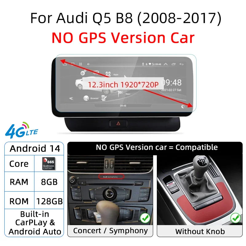 12.3 Android 14 System Car Radio Stereo For Audi Q5 8R 2008-2017 WiFi 4G LTE 8+128GB CarPlay BT IPS Touch Screen GPS