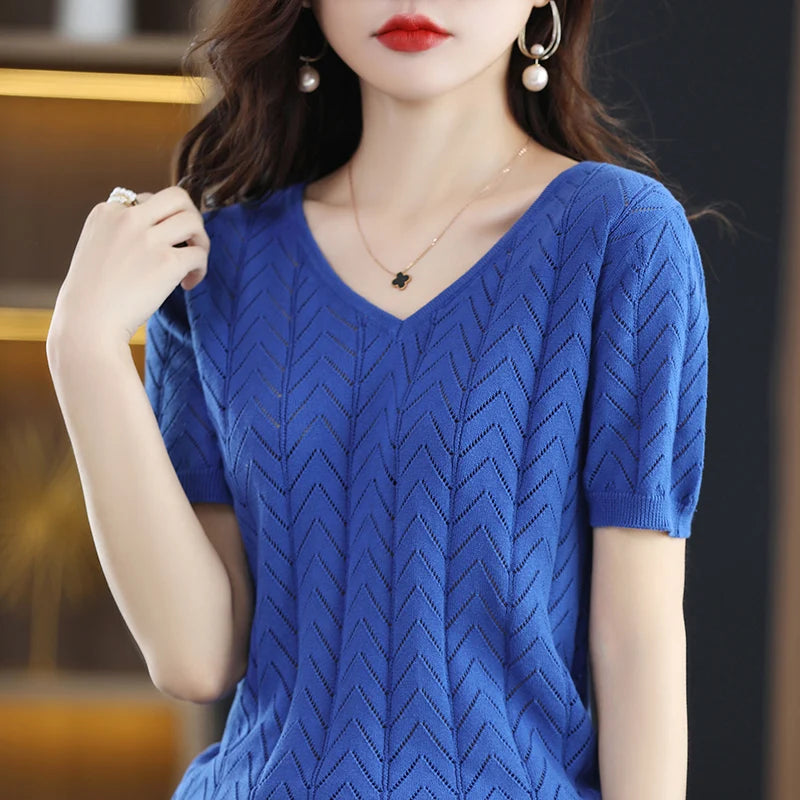 Women's T-shirt Summer New 100% Cotton Pullover Short Sleeve Casual Solid Women's Sweater Loose Fashion V-Neck Top T-shirt