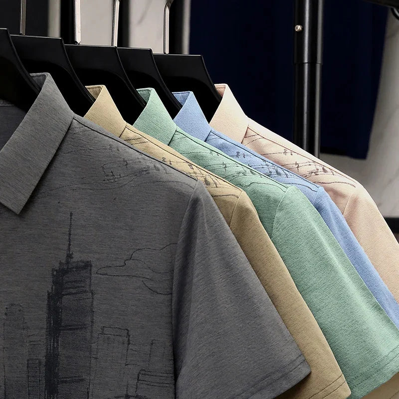 Men's Sketch-Print Polo Shirt - Soft Stretch Lapel, Loose Fit