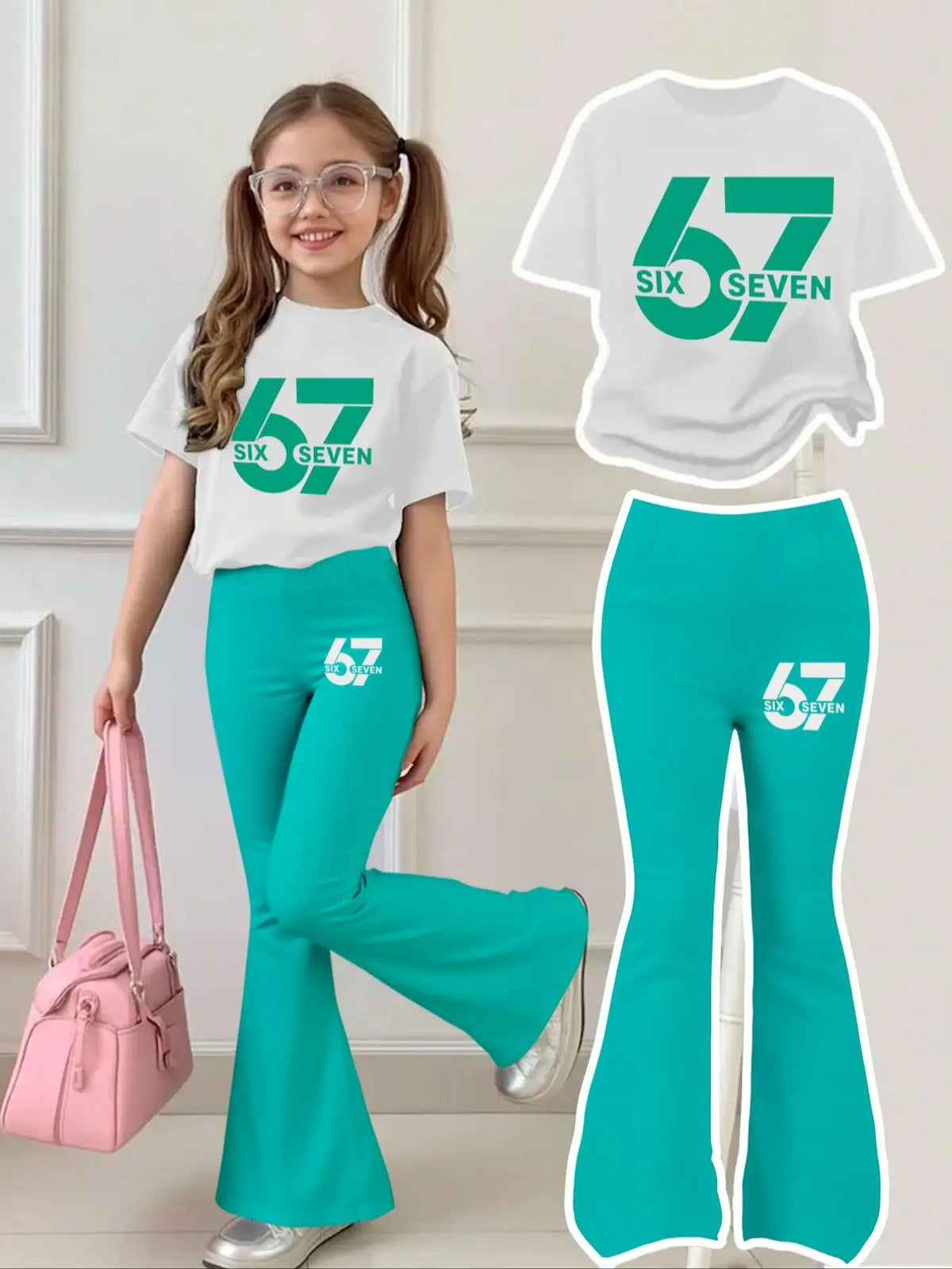 Fresh Mint Green Short-Sleeve Letter-Number Outfit for Girls Aged 4-12, with White Short-Sleeve Top and Mint Green "67 Six Seven" Letter-Number Print on Bell-Bottom Pants