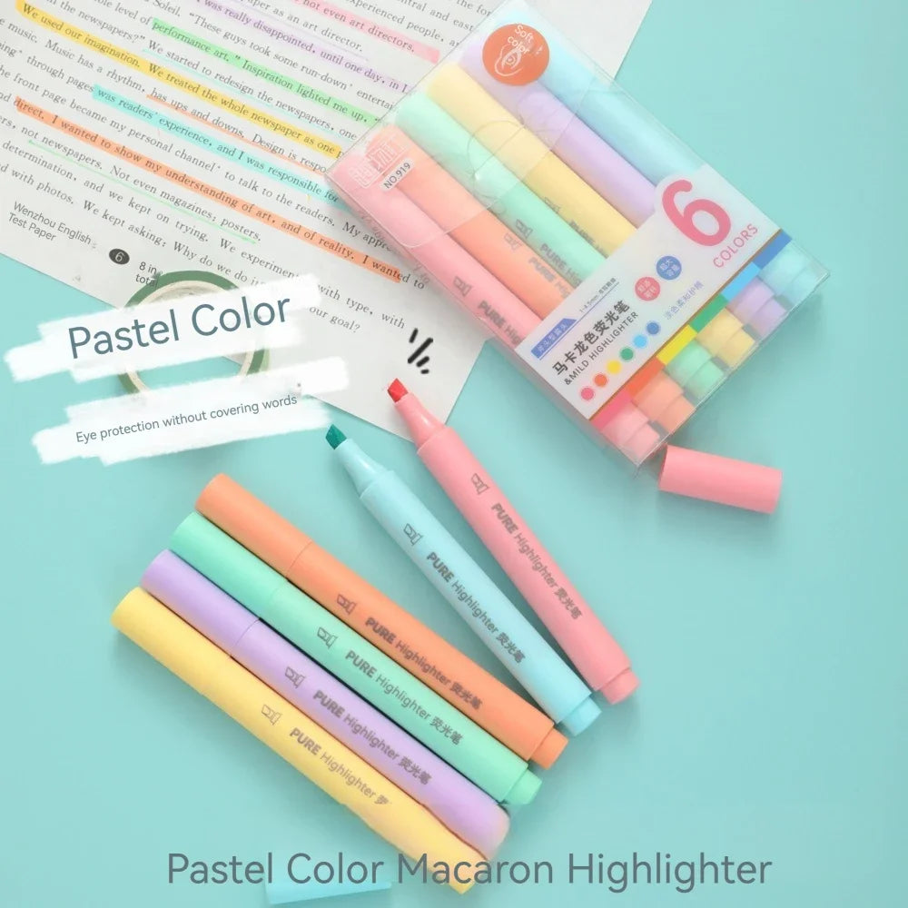 6Pcs/set Pastel Color Macaron Highlighter Pen Marker Pens Fluorescent Pen Drawing Highlighters Cute Stationery School Supplies