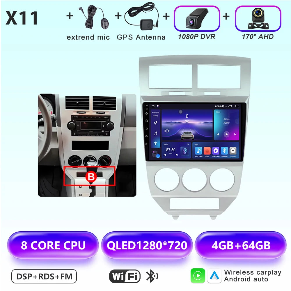 Car Stereo with Apple CarPlay & Android Auto, Compatible with Dodge Caliber & Jeep Compass MK