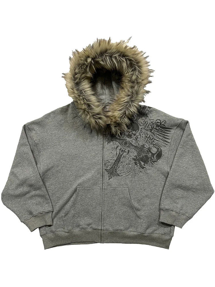 Women's Faux Fur Collar Zip-Up Hoodie, Gothic Streetwear