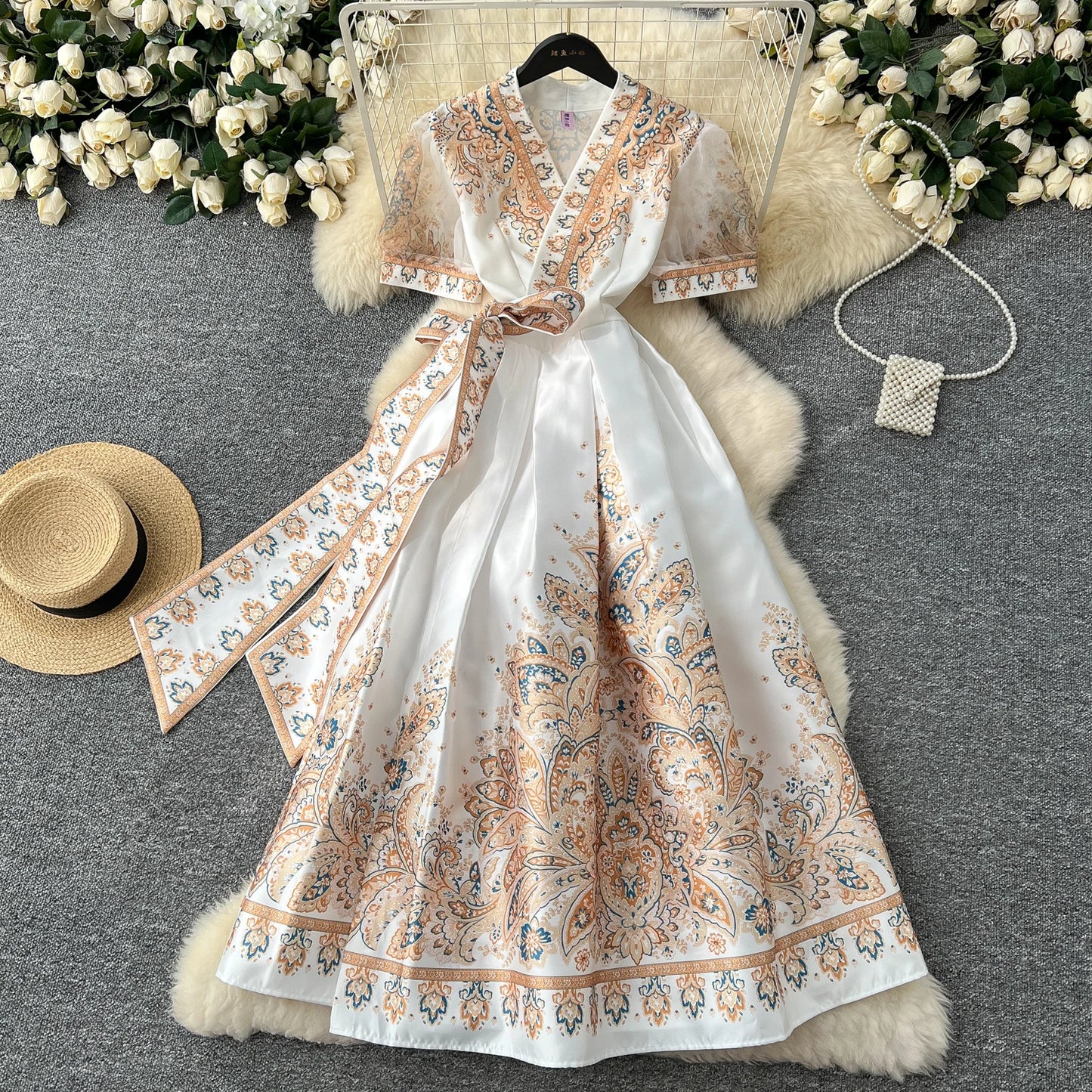 Vintage Dresses French Retro Style Printed Dress Women's Summer Tie High Street Design Chic Long Fashion Vestidos