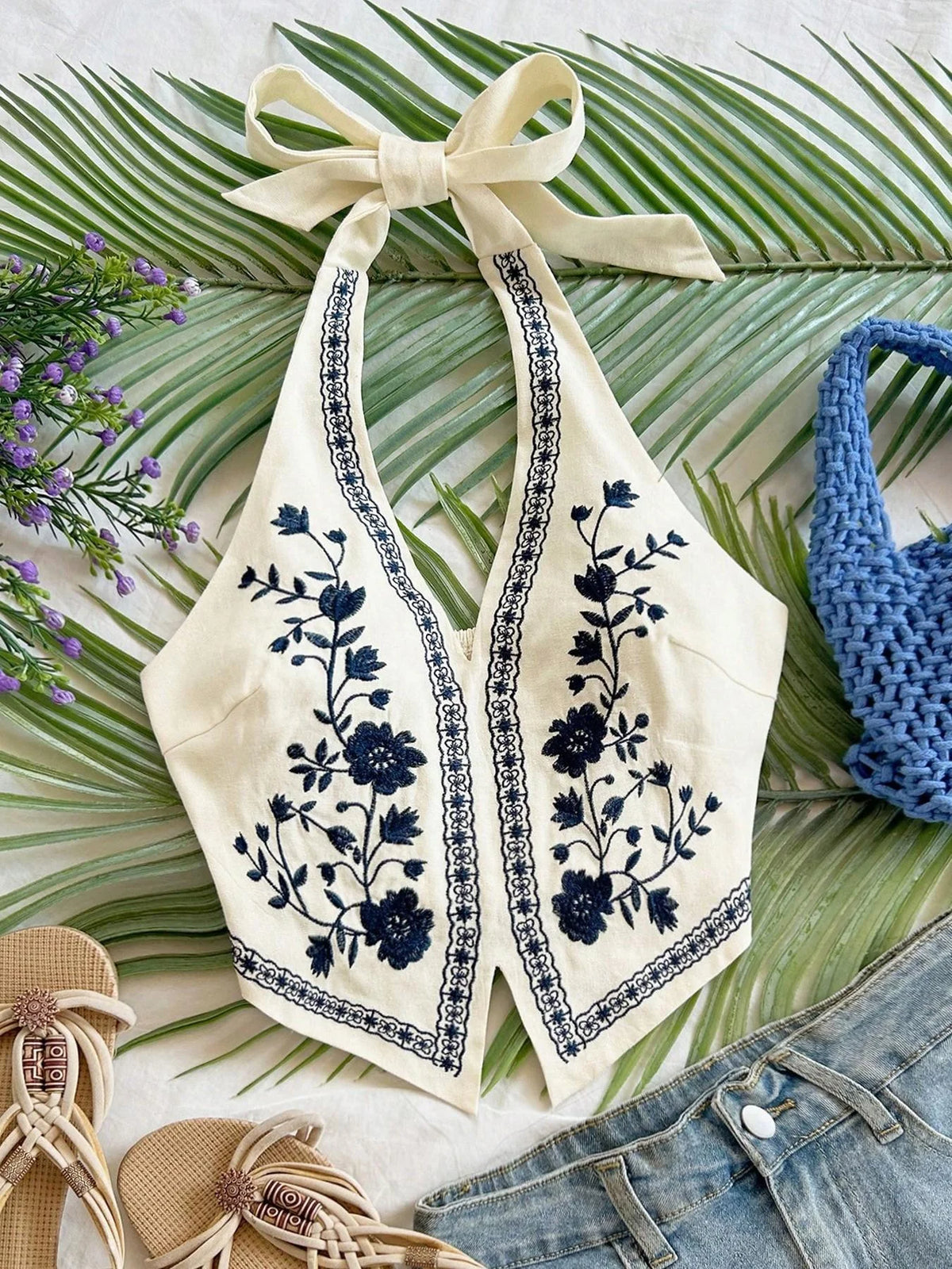 Women's embroidered boho halter crop top — view 8 of 8