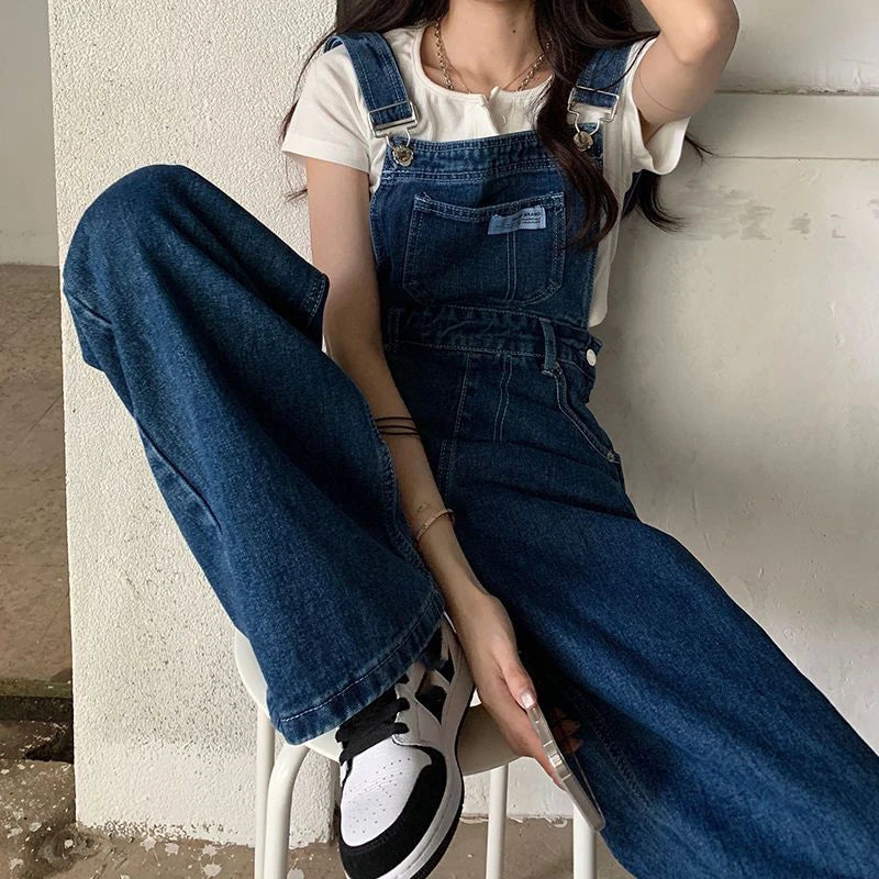 New Summer Fashion Denim Jumpsuits for Women Wide Leg Jeans Overalls Korean Baggy Suspender Pants Korean Streetwear Trousers