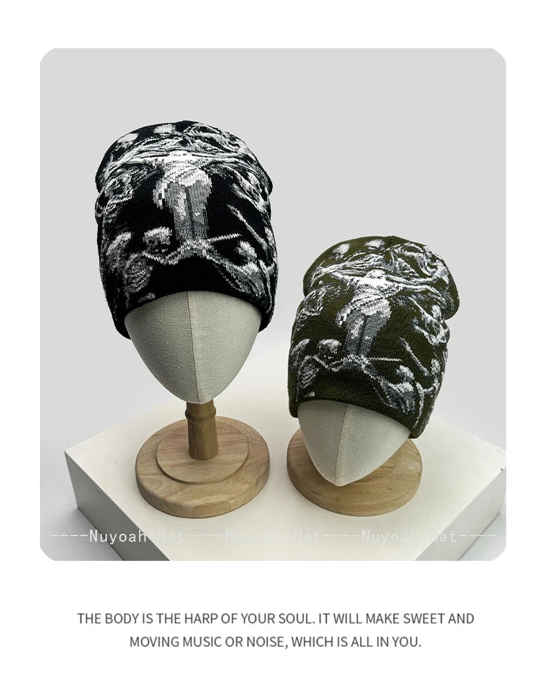 Angel Skull Jacquard Beanie, Unisex Knit Hat