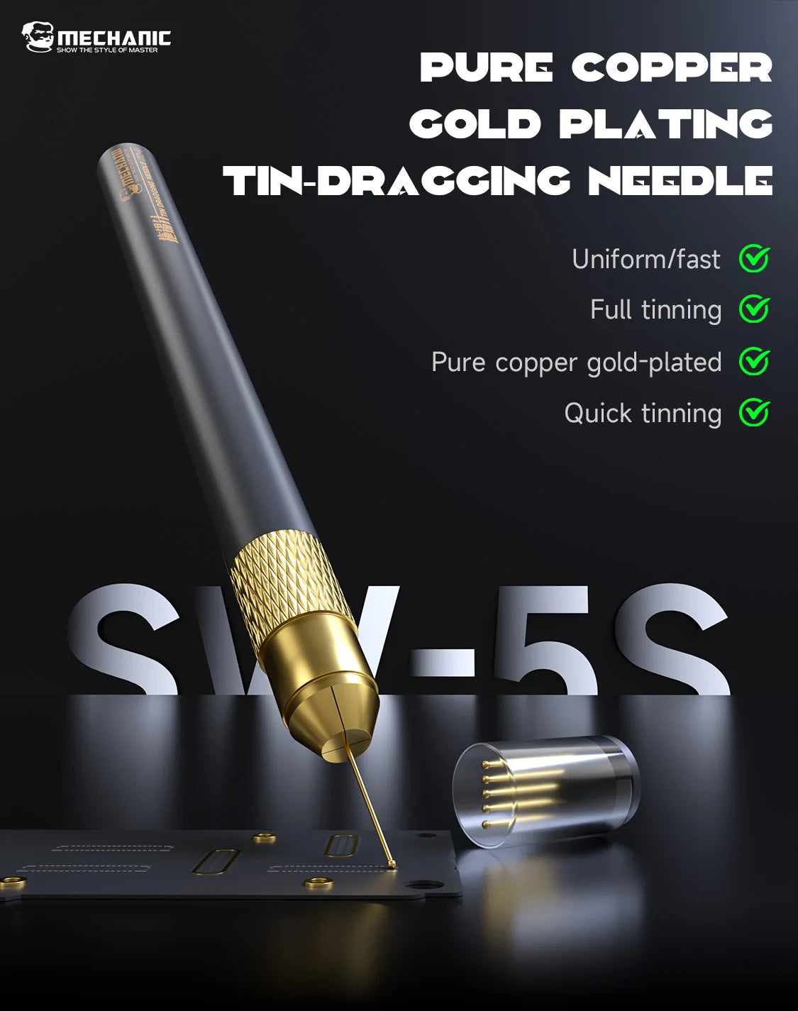 MECHANIC SW-5S Tin Dragging Needle Gold Plated FPC Connector Reballing Solder with 3 Bars Ultralight Carbon Fiber Holder Set