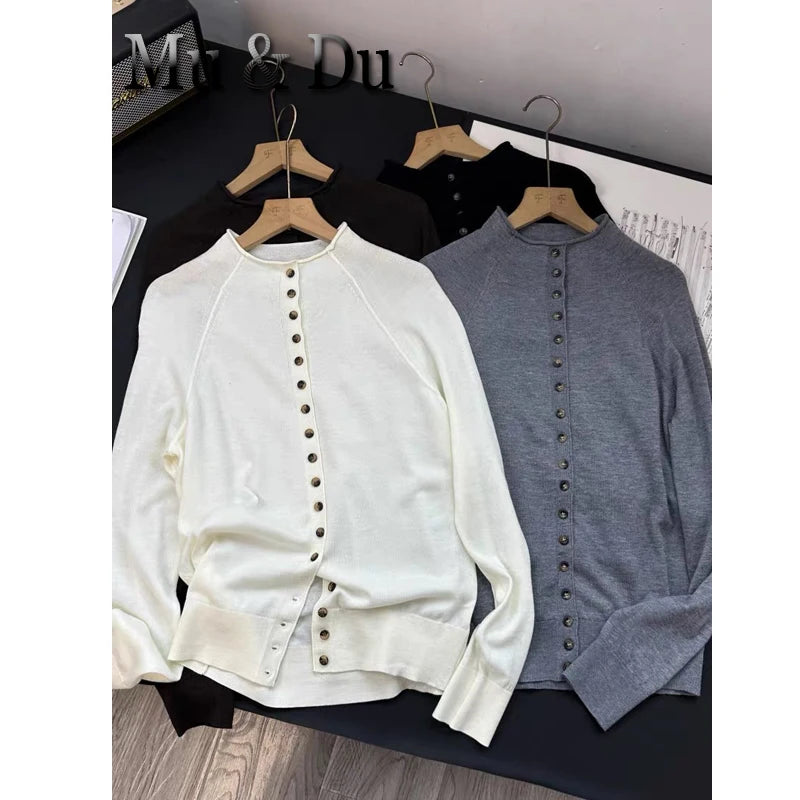 Women's Mock Neck Button Cardigan - Long Sleeve Knit Sweater