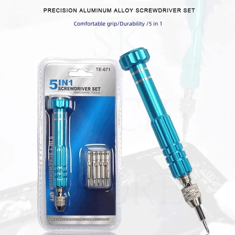 5 in 1 Mini Precision Screwdriver Set with Magnetizer TE-671 Aluminum Alloy Handle Interchangeable Bits for iPhone Camera Watch