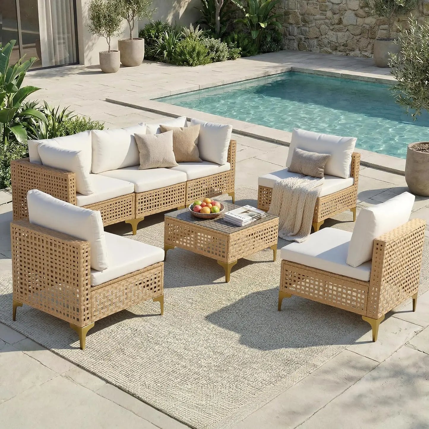 7-Piece Wicker Patio Sectional Sofa with Cushions & Glass Coffee Table for Porch Garden Backyard, Customized