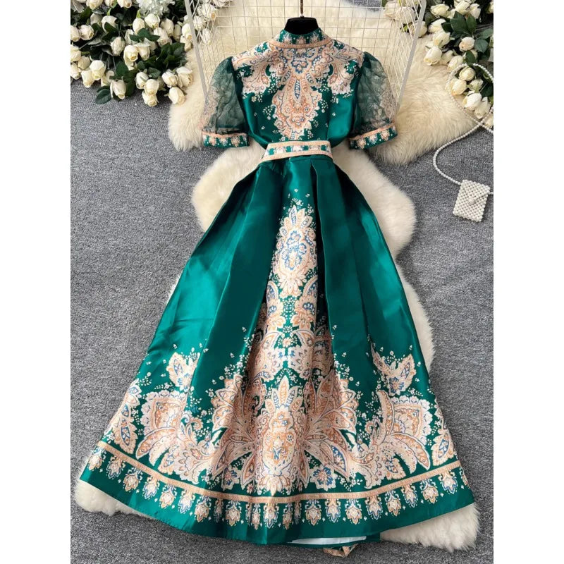 Vintage Dresses French Retro Style Printed Dress Women's Summer Tie High Street Design Chic Long Fashion Vestidos