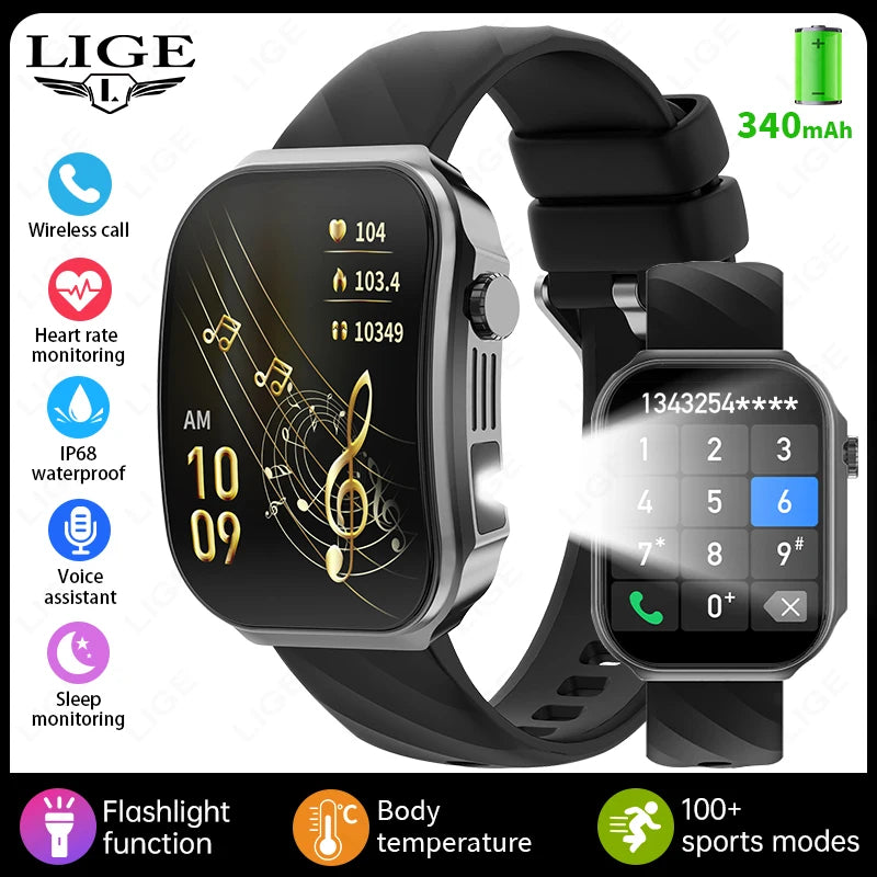 LIGE BWU15 Smart Watch – 2.2" 3D Curved Screen, BT Calling, Heart Rate, Blood Oxygen & 100+ Sports Modes | IP67