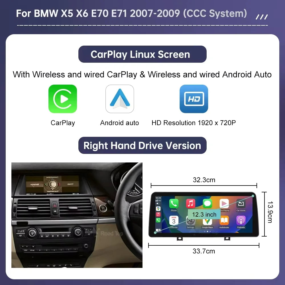 Wireless CarPlay & Android Auto Display Screen, Compatible with BMW X5 E70 & X6 E71 (CCC/CIC)