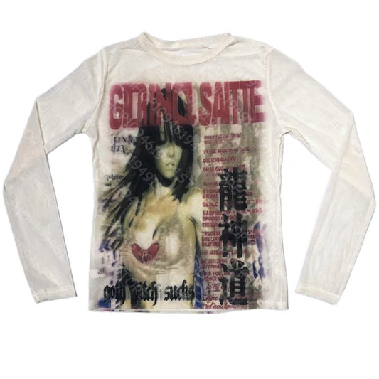 Women's Y2K Long-Sleeve Graphic Tee — Grunge Gothic Fairycore Streetwear Top