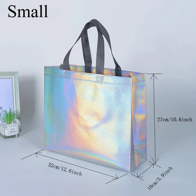 10Pcs Reusable Silver Laser Tote Bag Durable Non Woven Gift Shopping Bag for Wedding Bridesmaid Party Birthday Eco Friendly